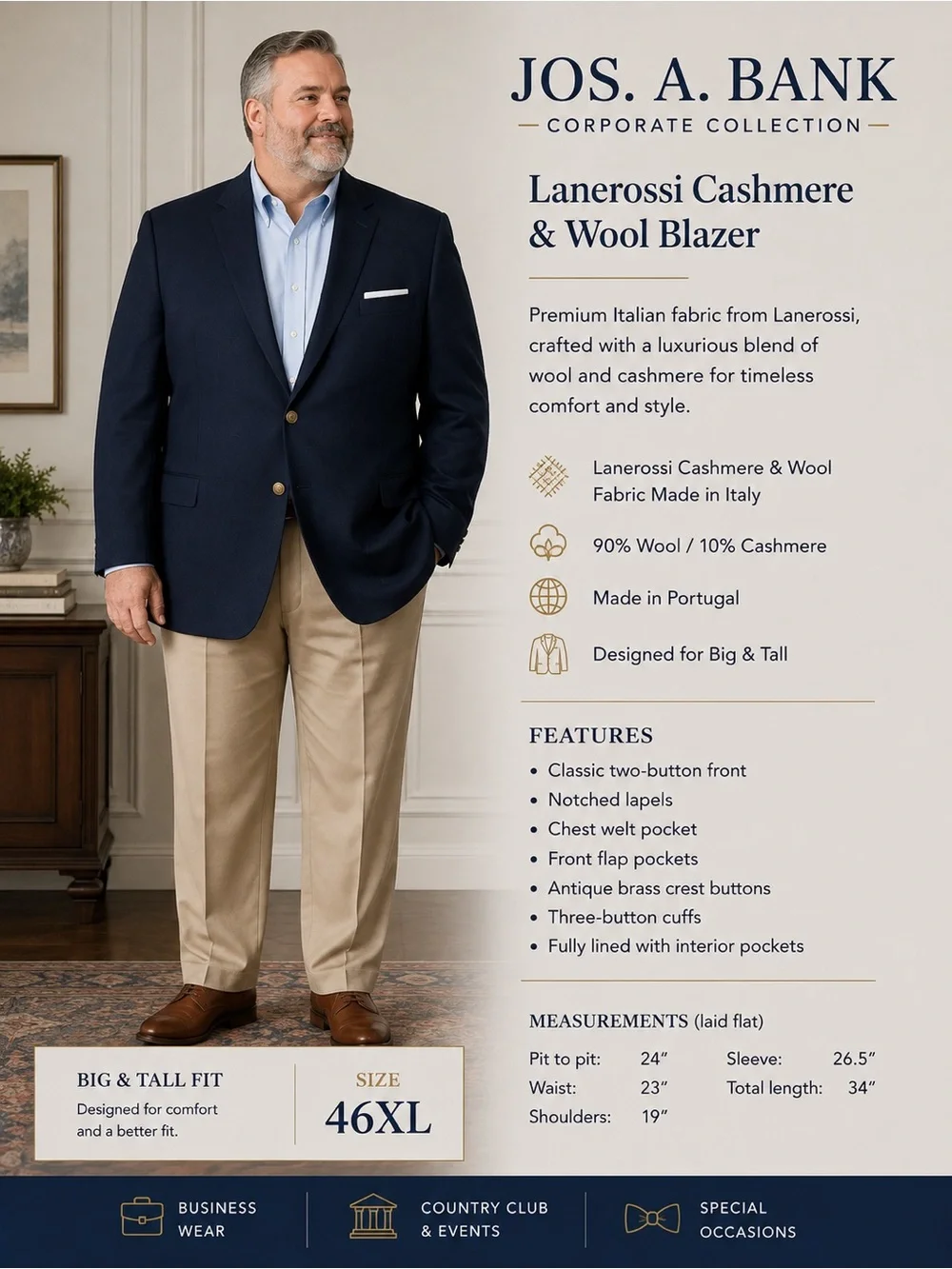 Jos A Bank 46XL Navy Blazer Lanerossi Cashmere Wool Gold Button Sport Coat